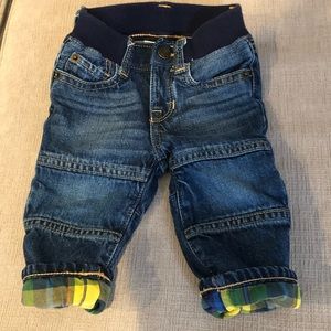 Baby gap straight jeans with yellow and green flannel inside